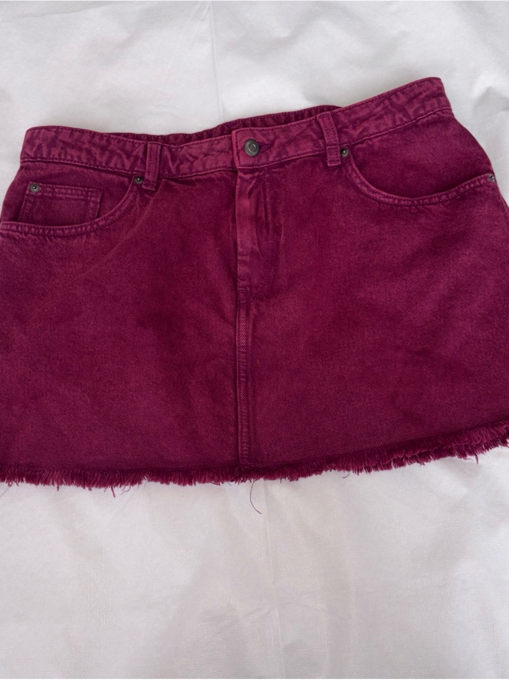 Divided Wine Denim Mini Skirt with Frayed Hem